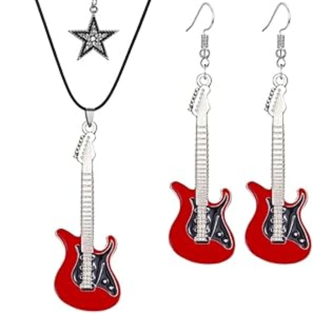 Punk Rock Electric Guitar Necklace and‎ Earrings Set Music Concert